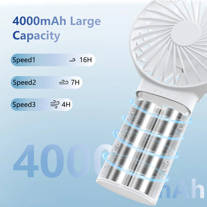 4000Mah Handheld Fan Mini Portrable Fan Battery Operated with 3 Speed, USB Rechargeable, White