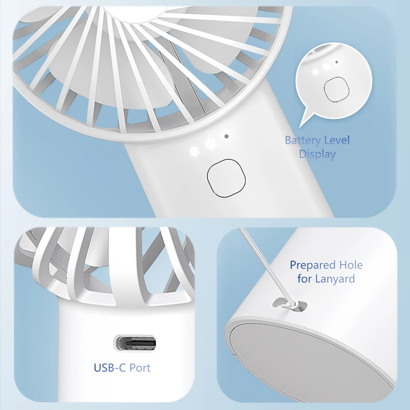 4000Mah Handheld Fan Mini Portrable Fan Battery Operated with 3 Speed, USB Rechargeable, White