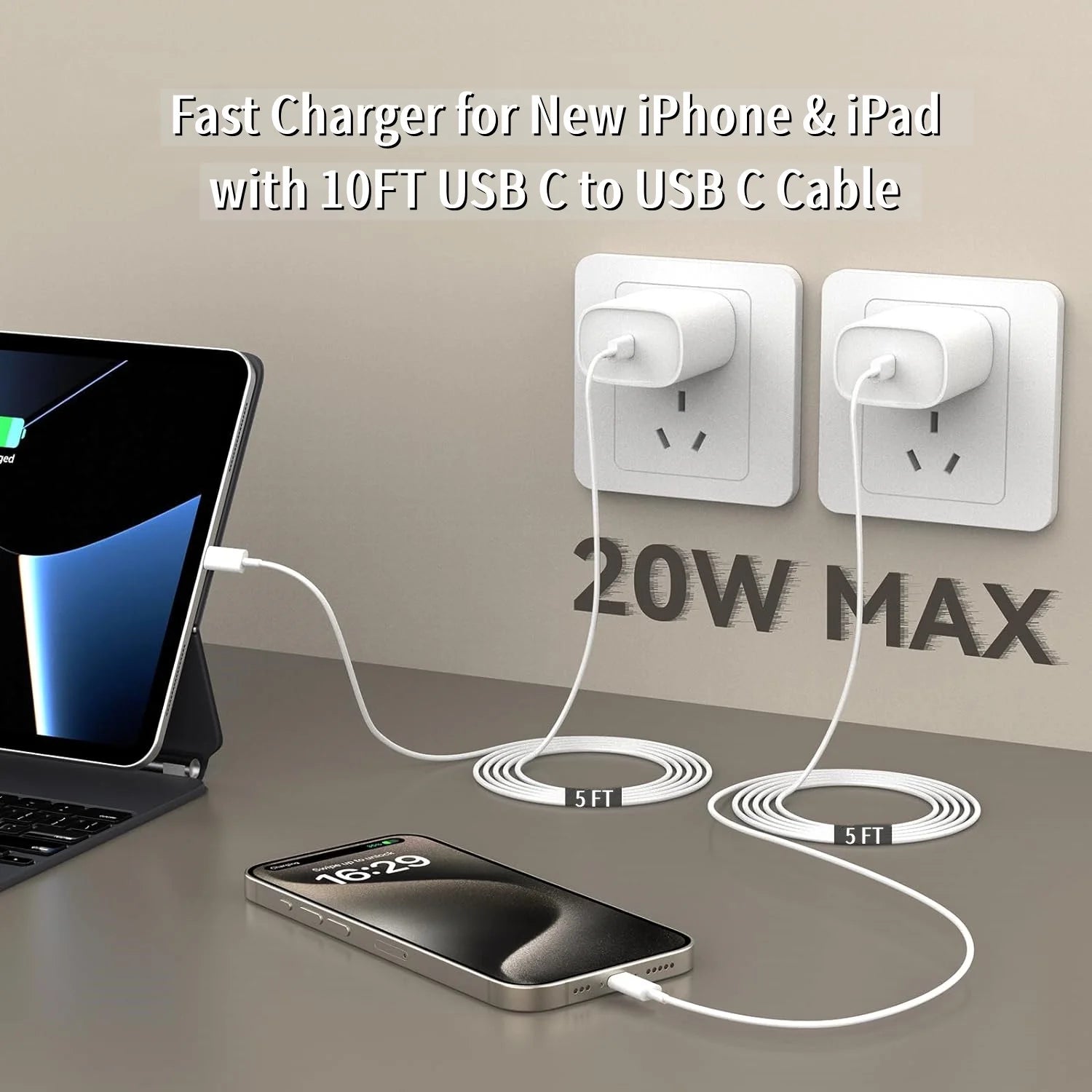 2 Pack 20W USB-C Power Adapter and 60W USB-C Charge Cable (1.5 M),White