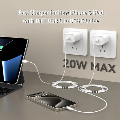 2 Pack 20W USB-C Power Adapter and 60W USB-C Charge Cable (1.5 M),White