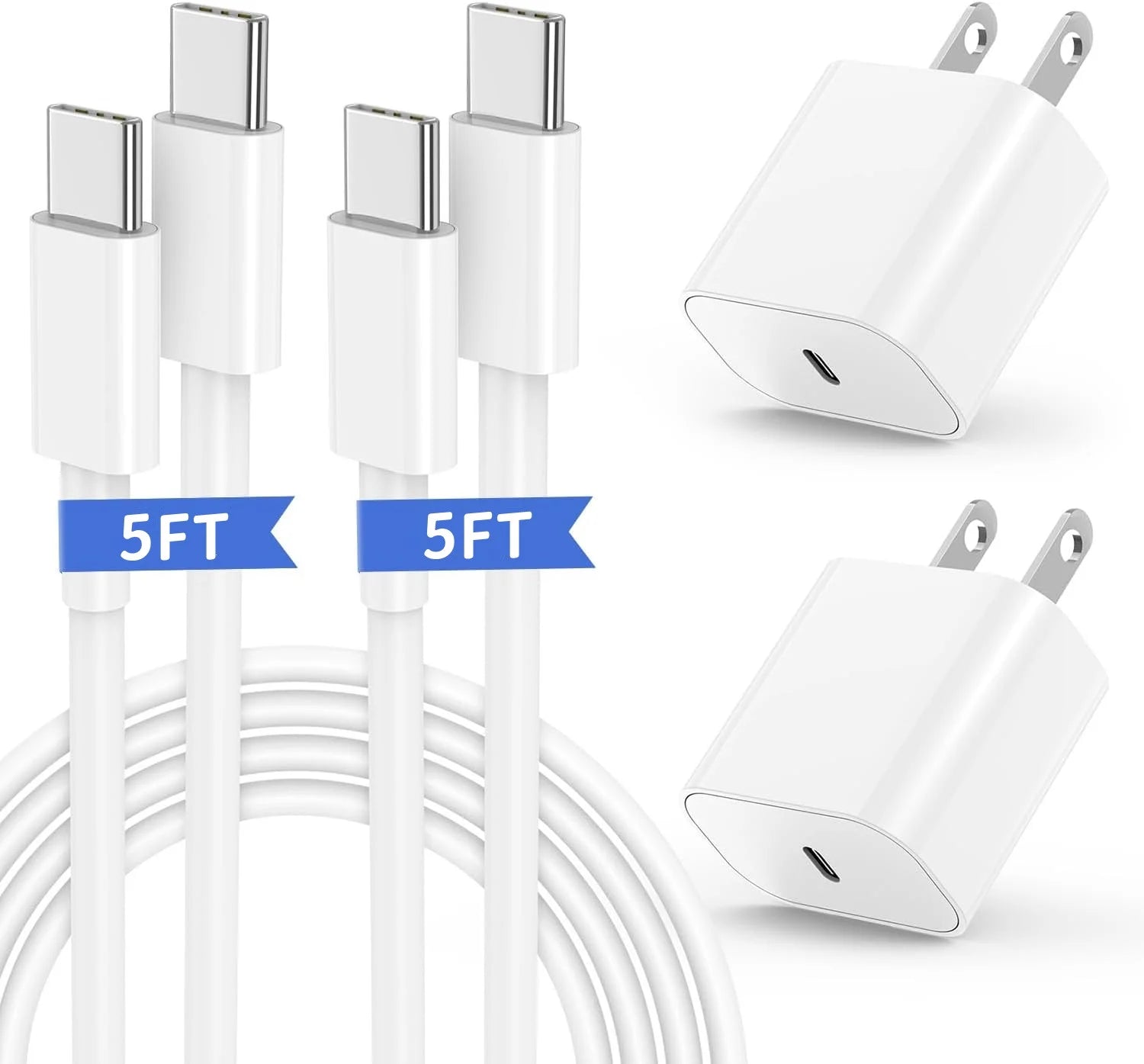 2 Pack 20W USB-C Power Adapter and 60W USB-C Charge Cable (1.5 M),White